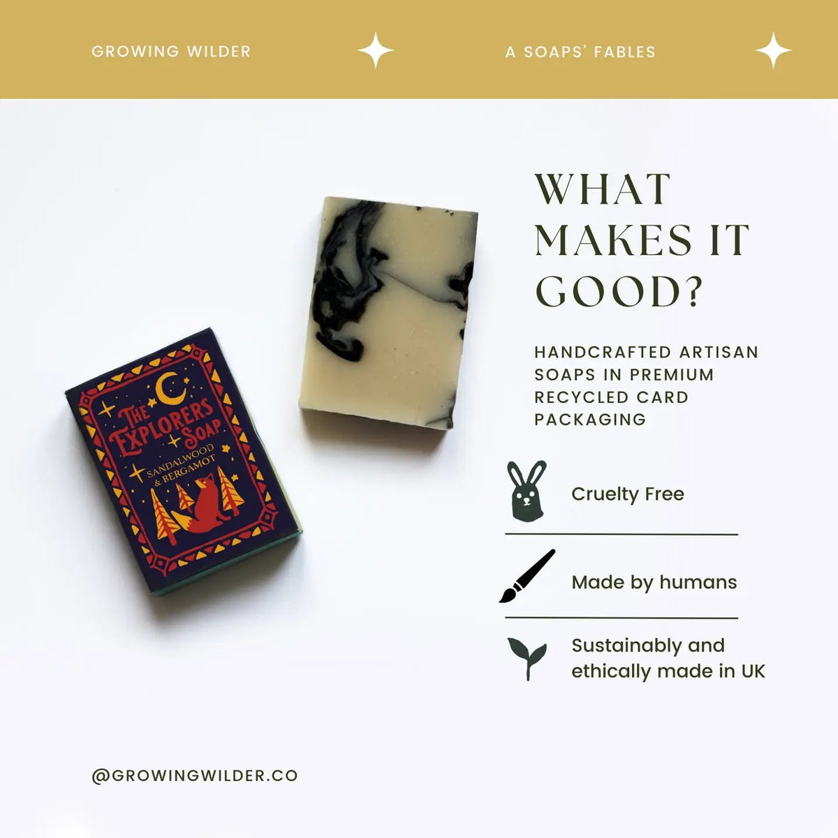 Growing Wilder The Explorers Soap Sandalwood & Bergamot by its box, with labels showing ethical, natural ingredients.