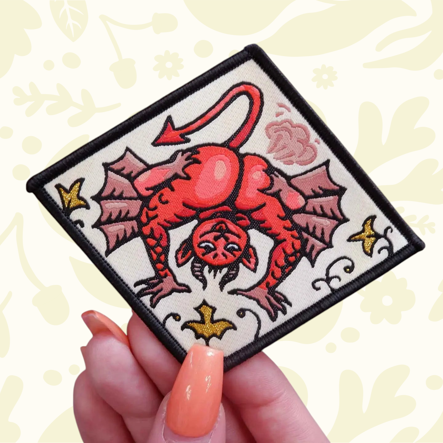 Forager Provisions LTD Cat Coven Fart Demon iron-on embroidered patch featuring a red devil character on cream fabric