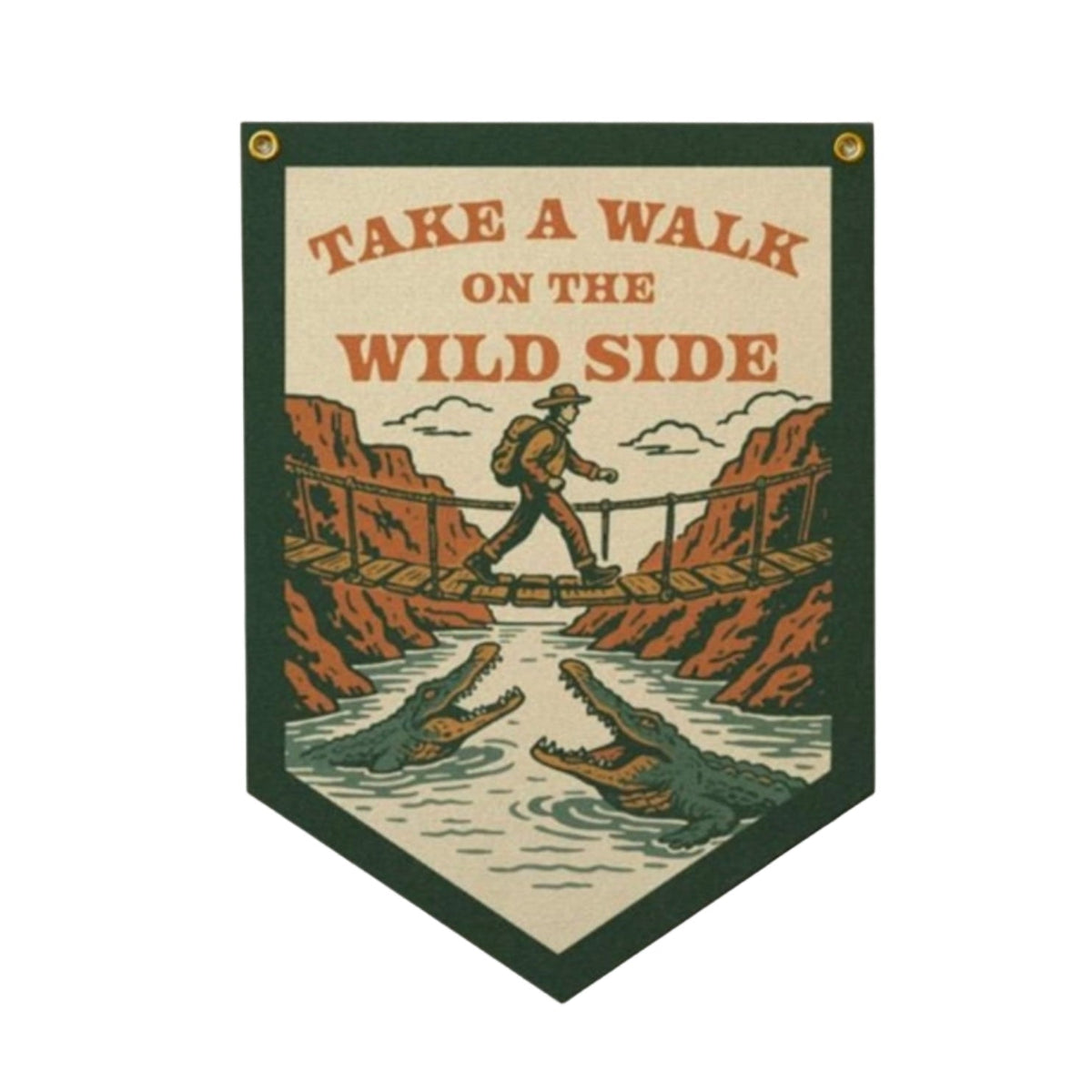 Forager Provisions LTD felt wall pennant featuring a retro hiker crossing a bridge over alligators in a wild landscape.