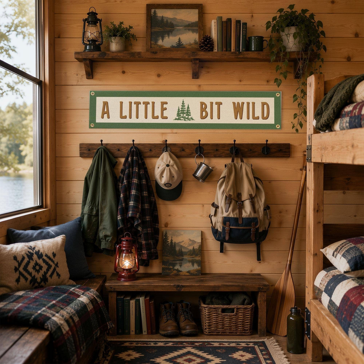 Forager Provisions LTD Benoit's Design Co. A Little Bit Wild felt banner hanging in a rustic cabin bedroom.