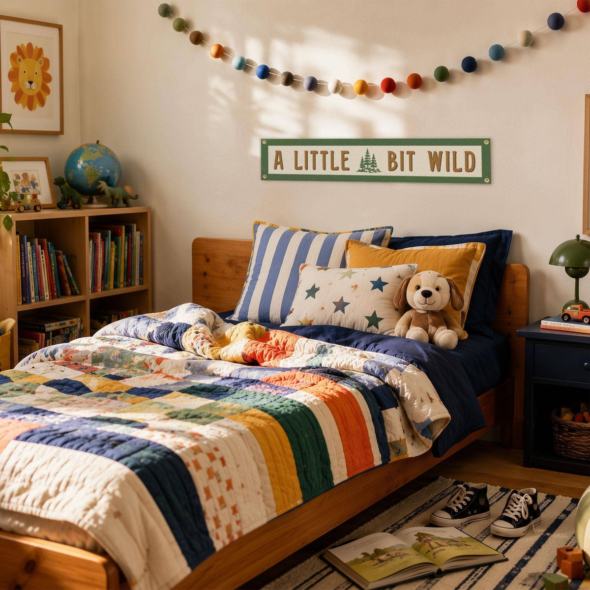 Forager Provisions LTD Benoit's Design Co. A Little Bit Wild felt banner hanging in a cozy, adventure-themed bedroom.