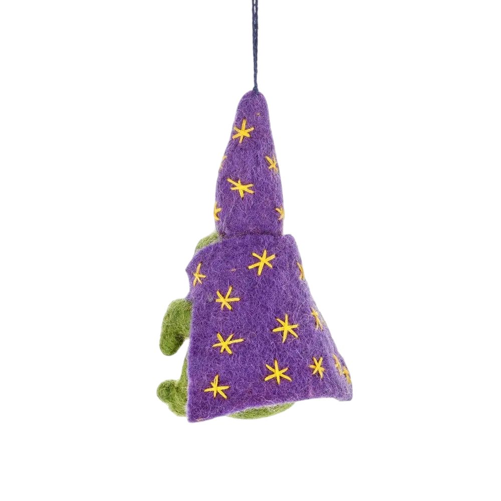 Forager Provisions LTD handmade felt frog wizard ornament in a purple cloak with yellow star embroidery