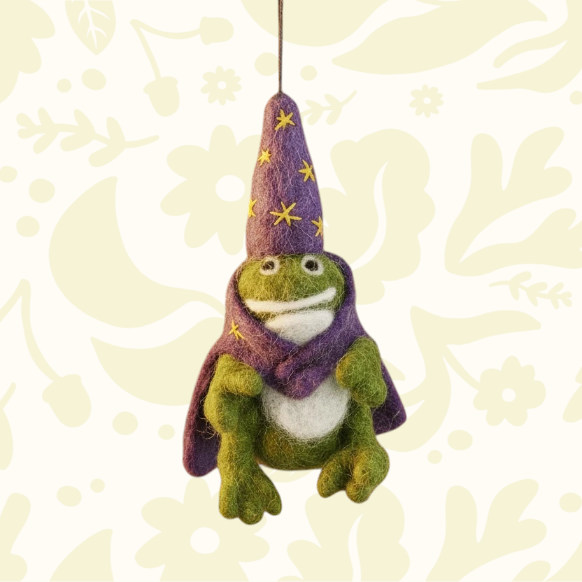 Forager Provisions LTD handmade felt frog wizard ornament wearing a purple star-patterned cloak and pointed hat