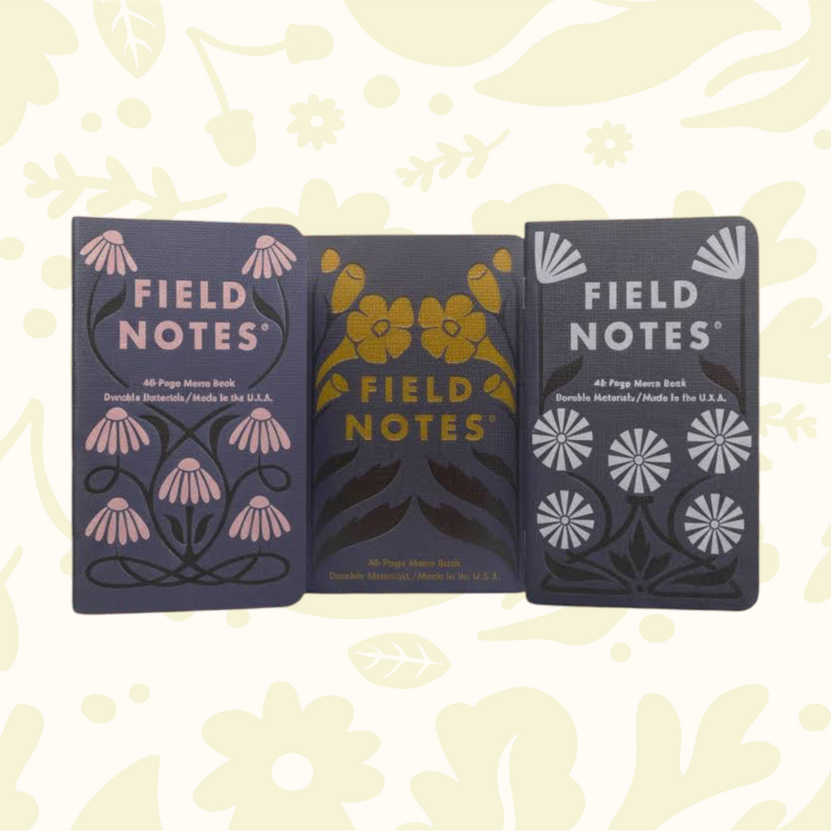 Forager Provisions LTD Field Notes Fall Flowers 2025 edition 3-pack of pocket memo books with floral cover designs.