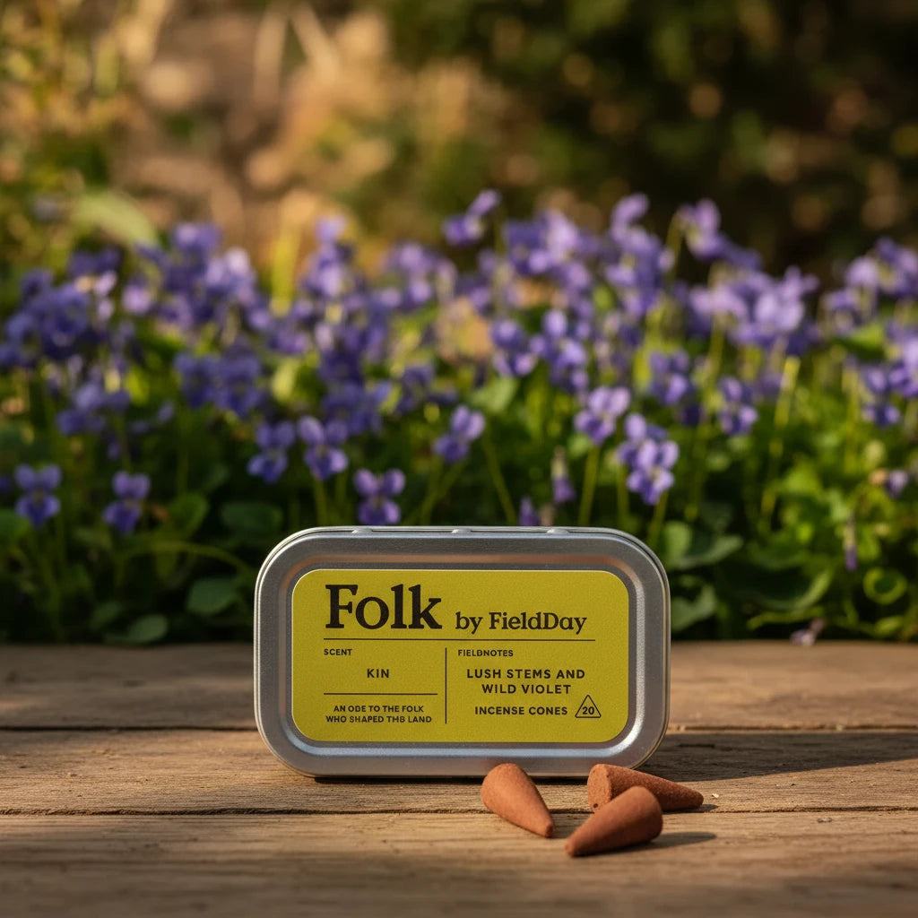 Fieldday Ireland Kin Folk Incense tin on wooden surface, purple flowers and greenery in background, natural scent decor.