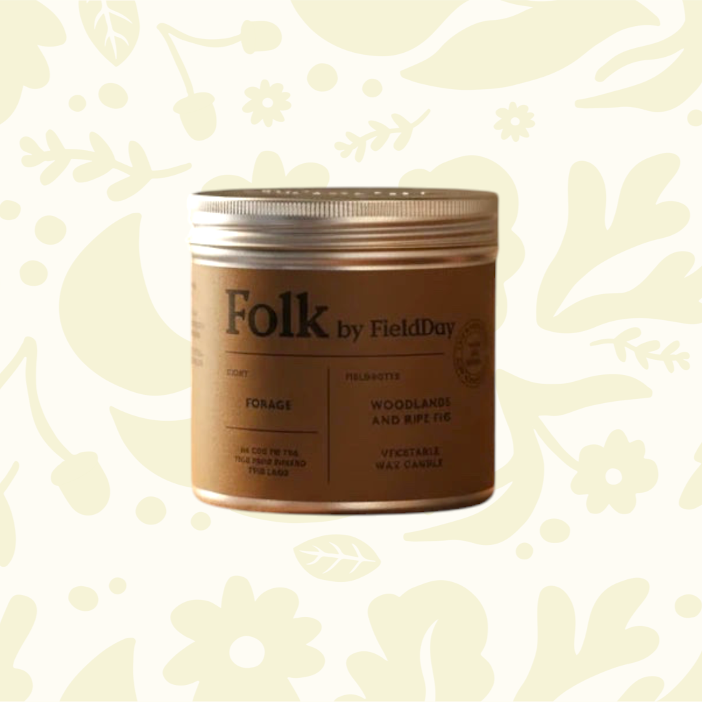 FieldDay Ireland Forage brown tin candle with floral pattern background, perfect home decor, luxury soy wax scented candle.