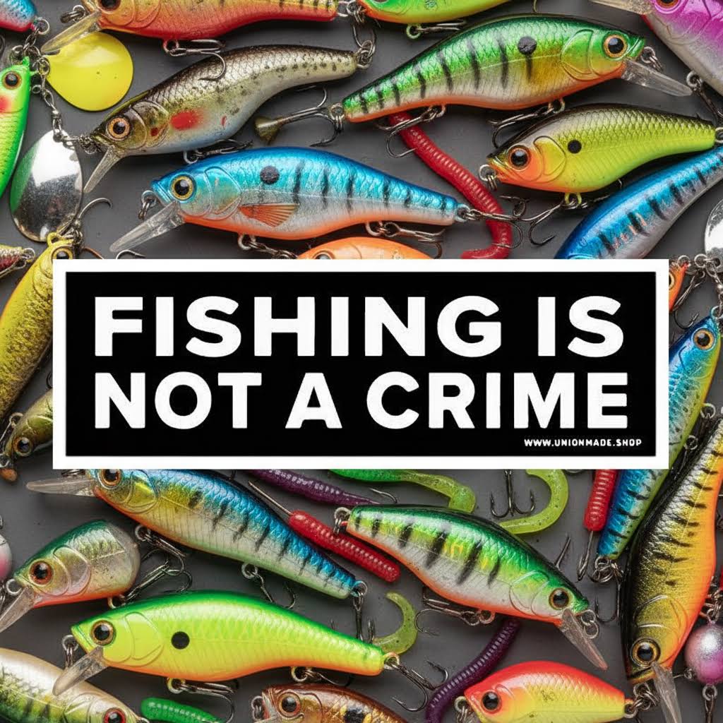 Forager Provisions LTD Fishing Is Not A Crime vinyl bumper sticker displayed over a collection of colourful fishing lures