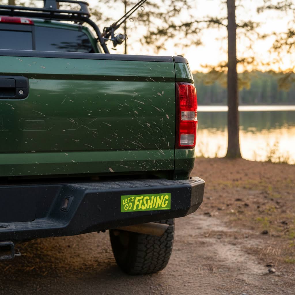 Forager Provisions LTD Let's Go Fishing vinyl bumper sticker applied to the rear bumper of a green pickup truck.