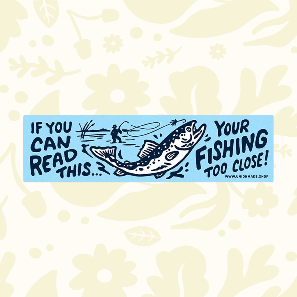 Forager Provisions LTD Union Made vinyl bumper sticker with blue background and fishing-themed text and fish graphic.