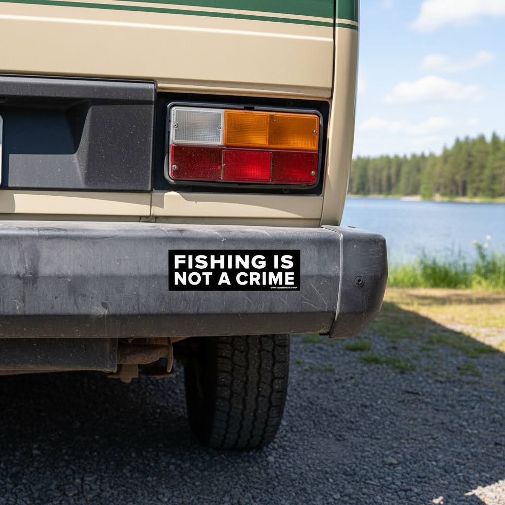 Forager Provisions LTD Fishing Is Not A Crime vinyl bumper sticker applied to a vehicle bumper near a lake