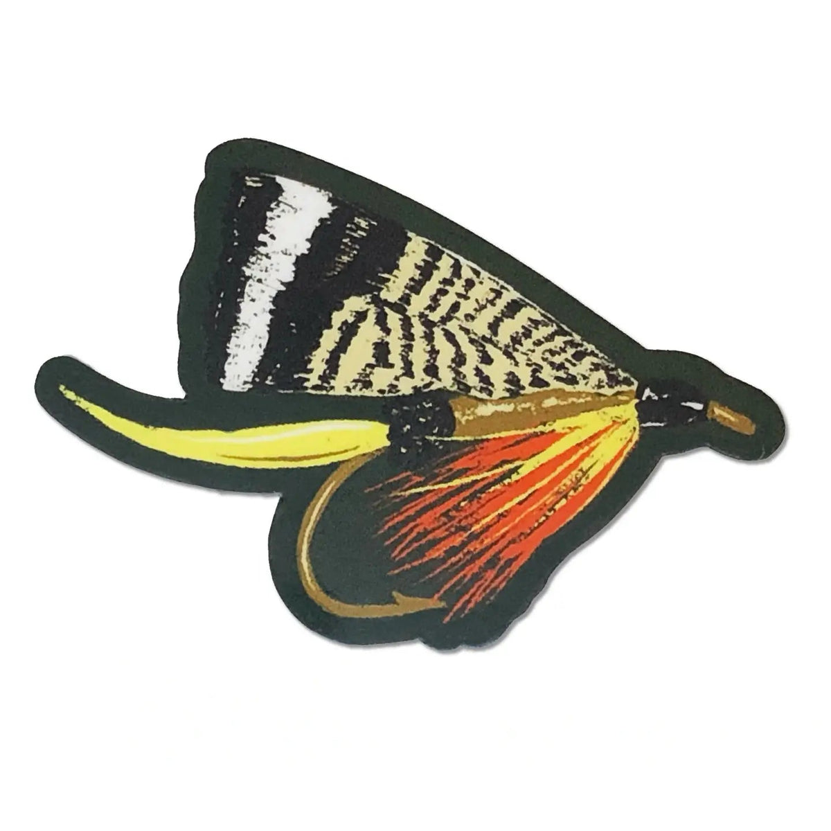 Forager Provisions LTD fishing fly vinyl sticker featuring a detailed hand-drawn fly with yellow and orange feathers.