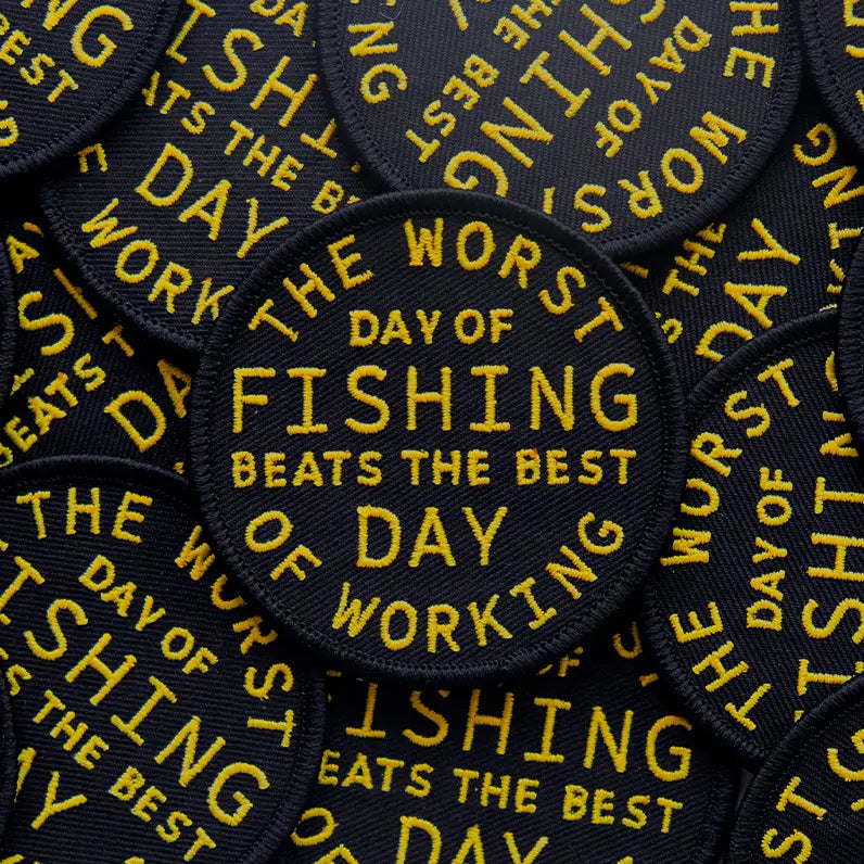 Forager Provisions LTD embroidered iron-on patch featuring yellow text on a black background for fishing enthusiasts.