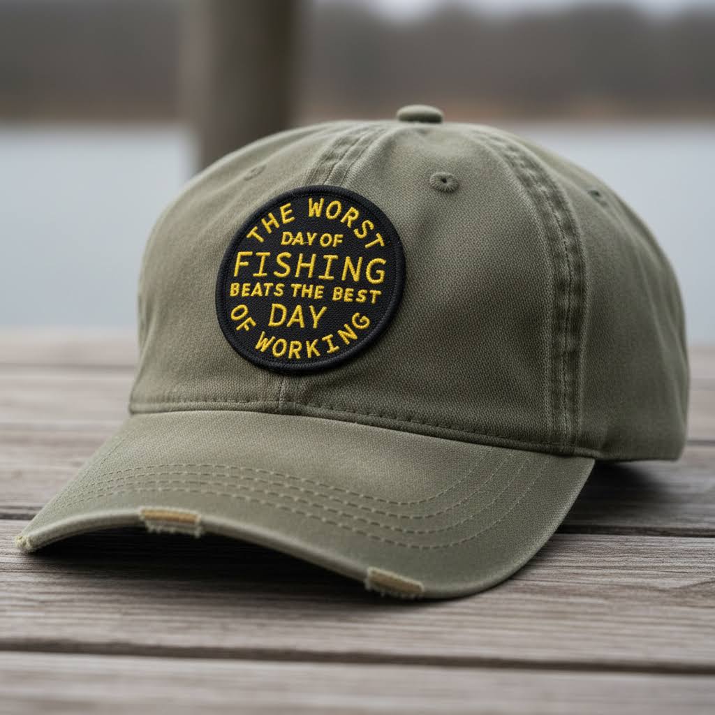 Forager Provisions LTD olive green distressed baseball cap featuring a circular embroidered Fishing Beats Working patch