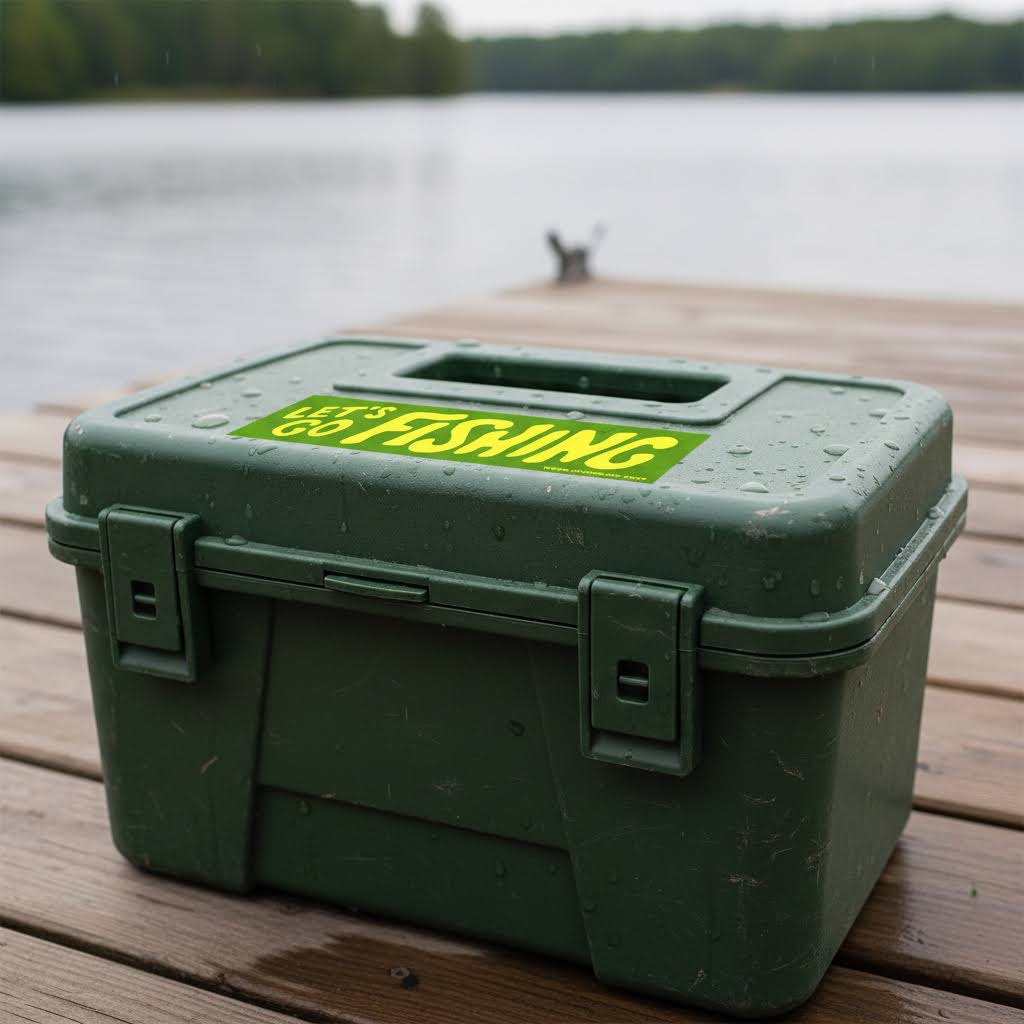 Forager Provisions LTD Let's Go Fishing vinyl sticker on a green plastic tackle box sitting on a wooden dock.