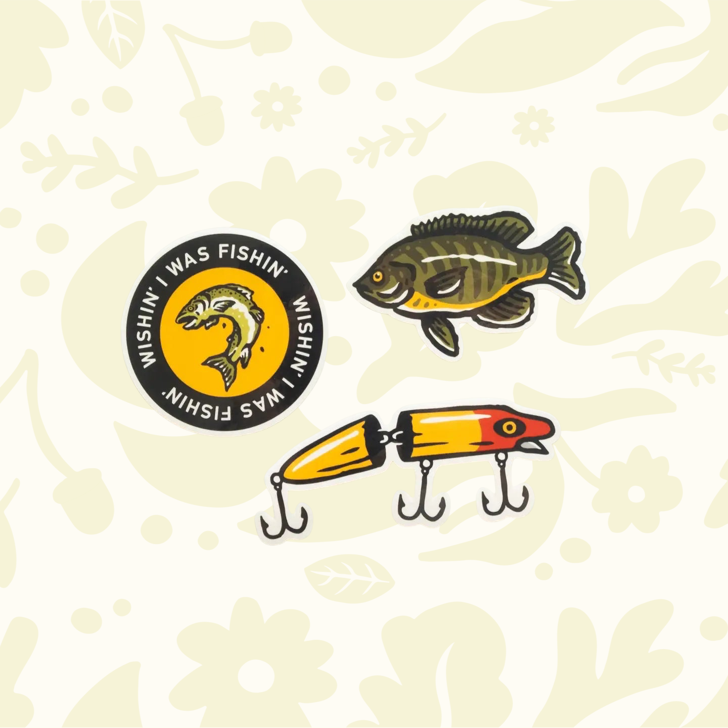 Forager Provisions LTD fishing sticker pack featuring a bluegill, a yellow lure, and a Wishin' I Was Fishin' decal.