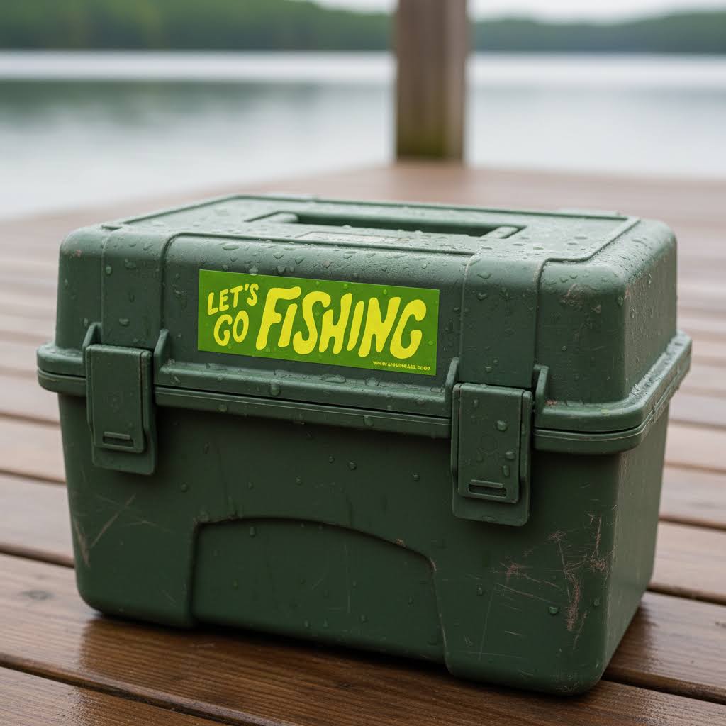 Forager Provisions LTD Let's Go Fishing vinyl bumper sticker applied to a green plastic tackle box on a wooden dock.