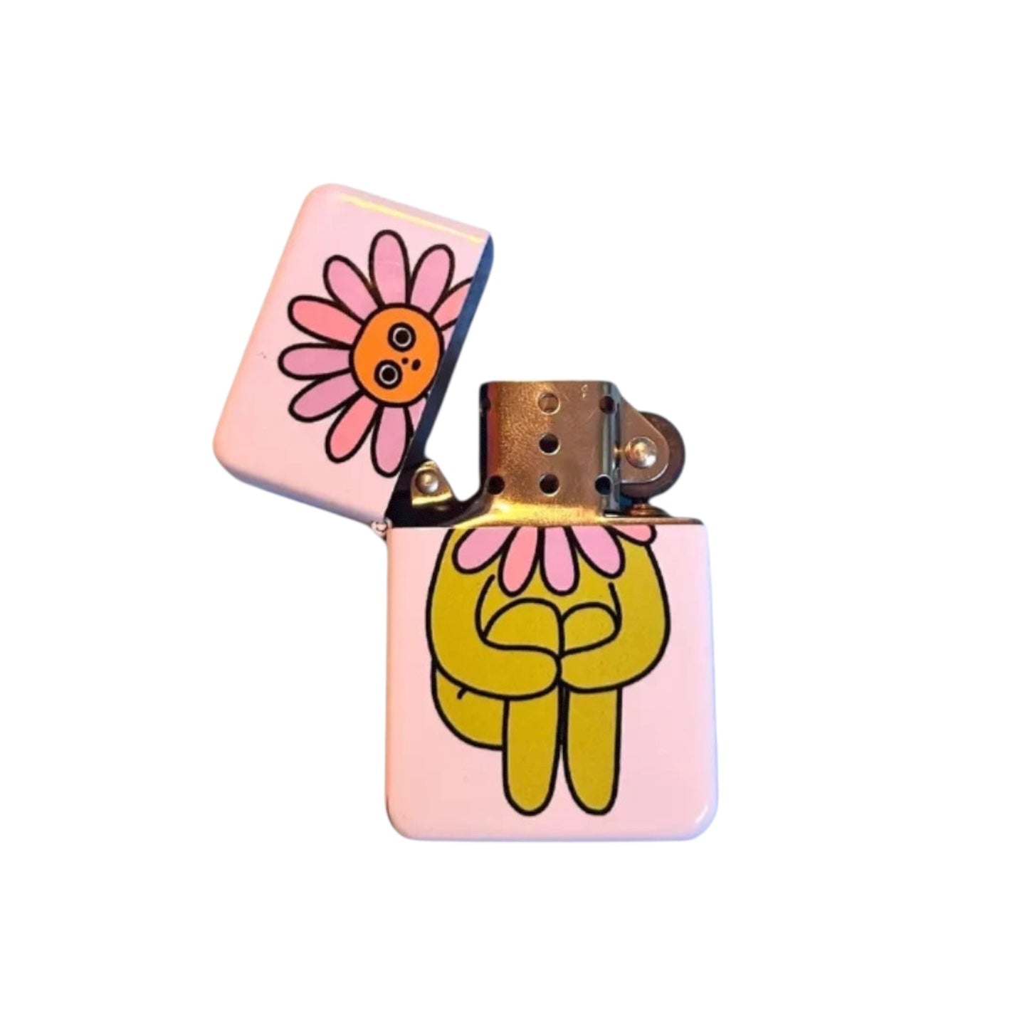 Peach Fuzz Flower Boy Lighter 2026—cute pink enamel lighter, yellow smiling flower, open lid. Trendy gift idea.