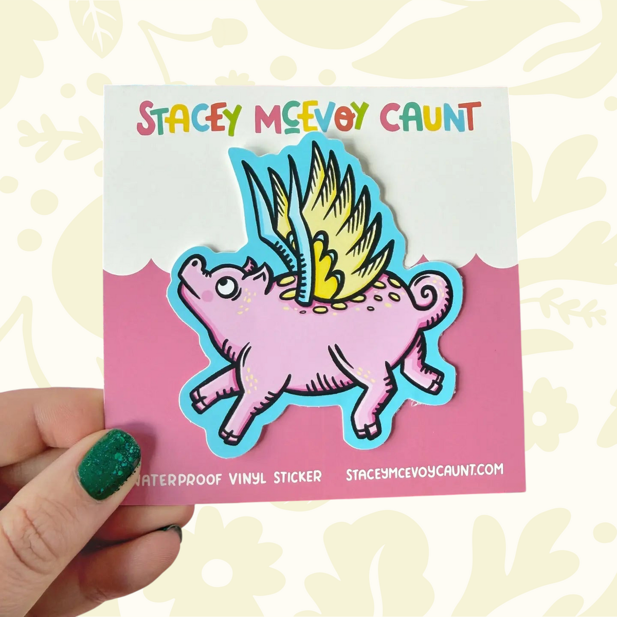 Forager Provisions LTD Stacey McEvoy Caunt pink flying pig vinyl sticker with yellow wings on a branded backing card