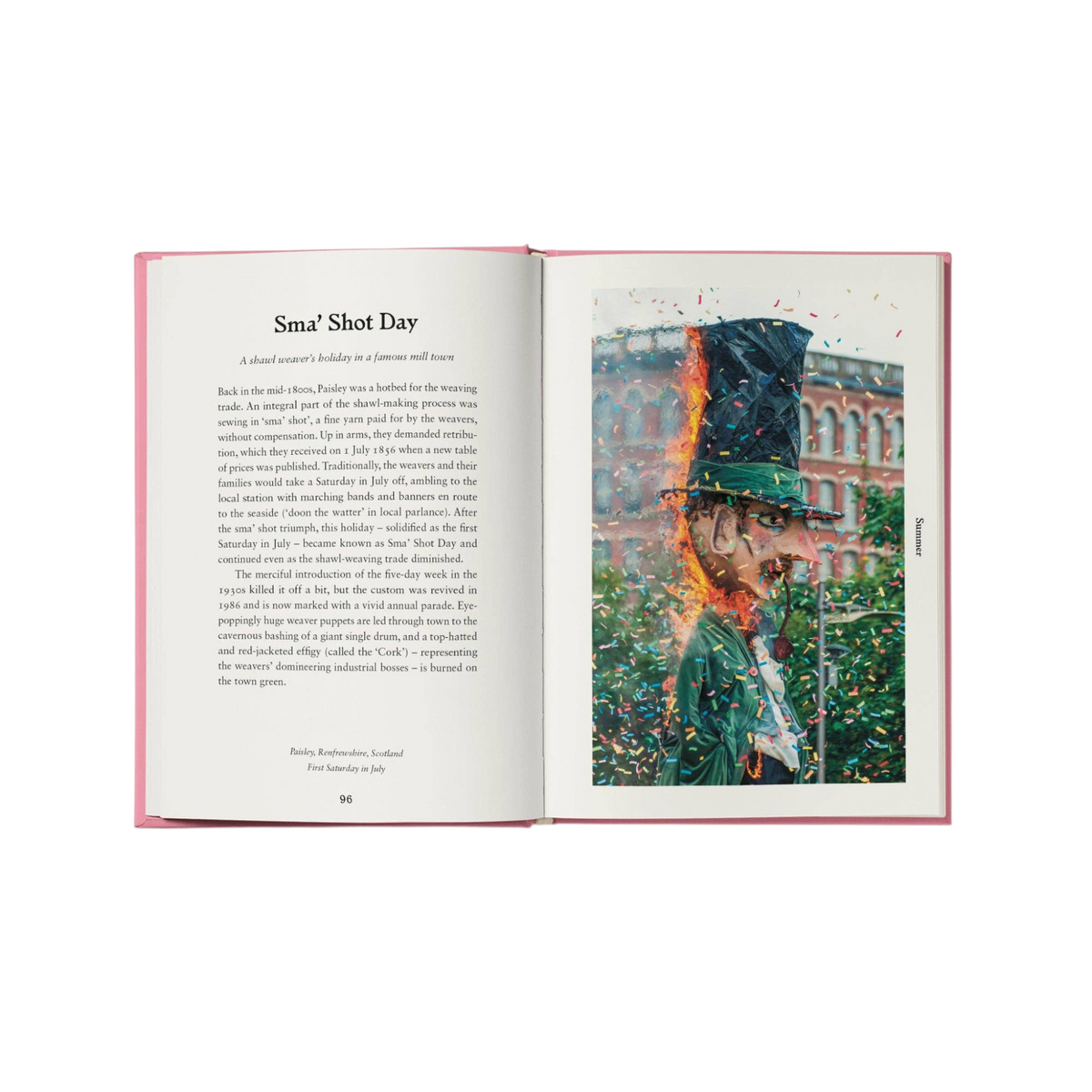 Forager Provisions LTD Folk Britain book open to a page about Sma Shot Day featuring a colourful illustration of a puppet
