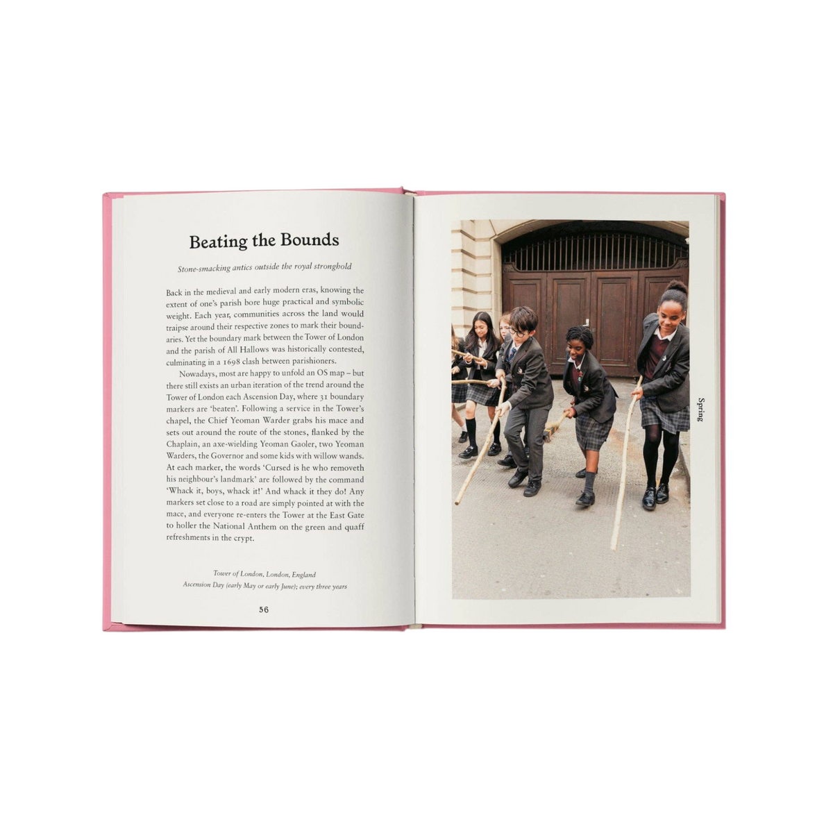 Open pages of the Forager Provisions LTD book Folk Britain showing text and a photo of children beating the bounds