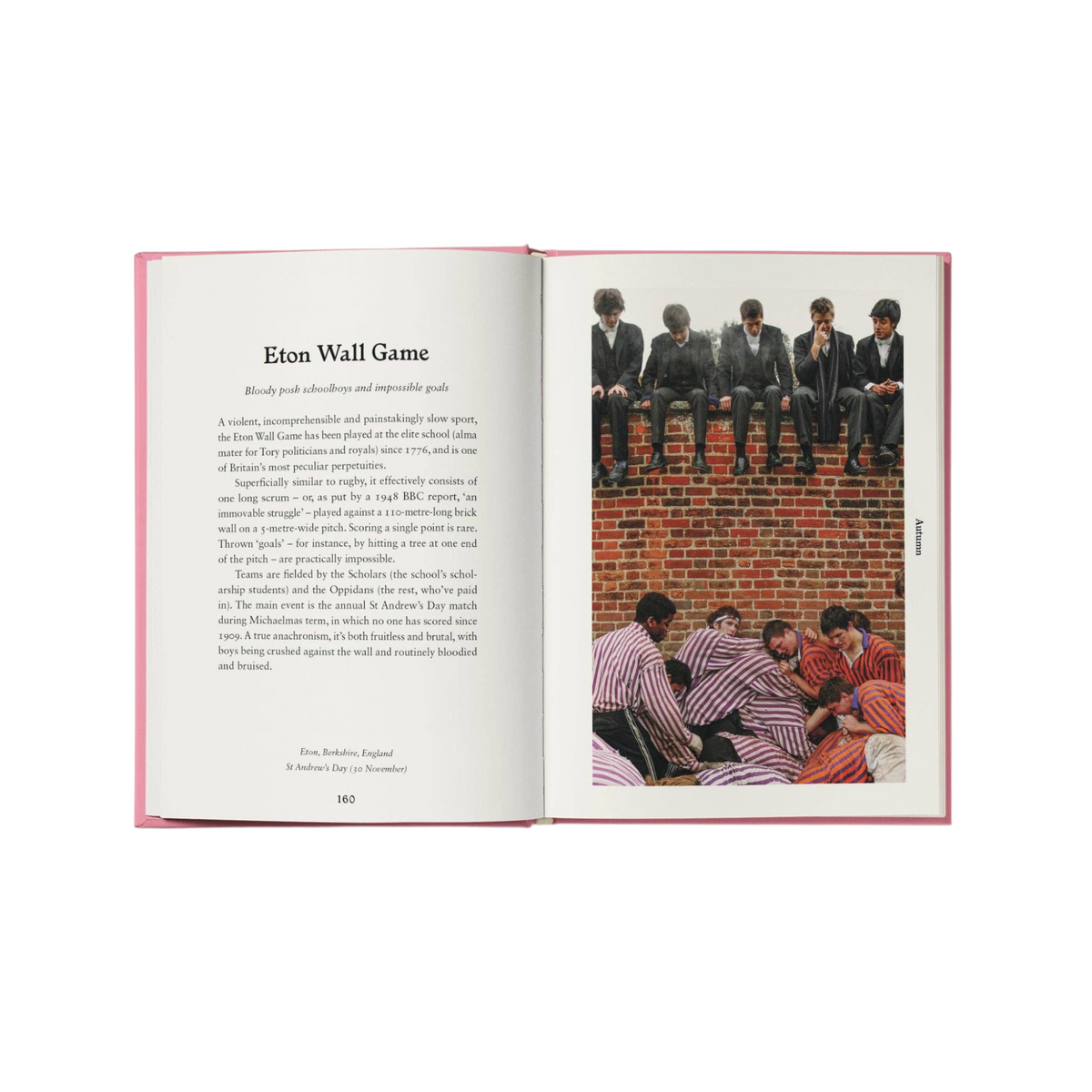 Open hardback book Folk Britain by Forager Provisions LTD showing a page about the Eton Wall Game with photographs.