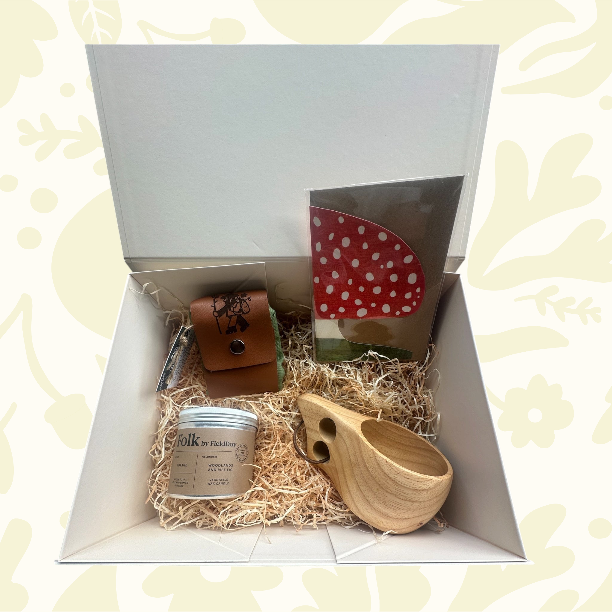 Forager Provisions LTD The Forager Set gift box with wooden kuksa cup, scented candle, canvas pouch, and mushroom card