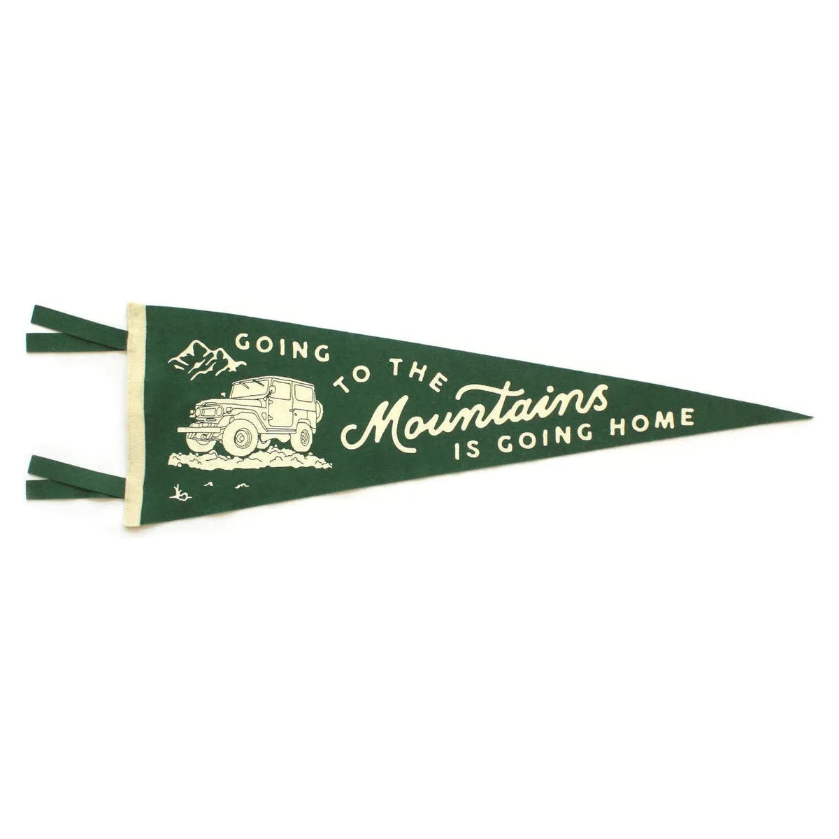 The Oxford Pennant Going To The Mountains features a green outdoor background with a white illustration of an SUV and the John Muir quote, "Going to the Mountains is Going Home.