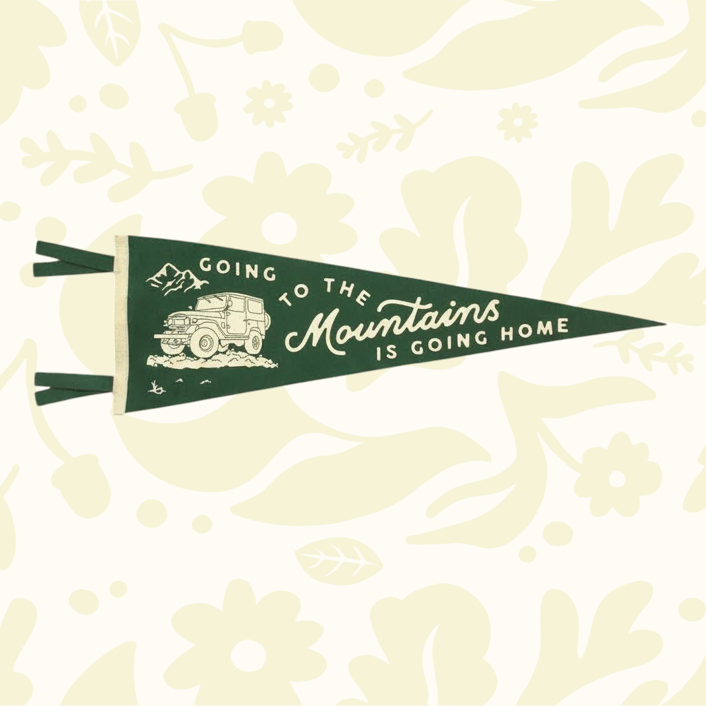 Forager Provisions LTD forest green wool felt pennant with vintage mountain exploration screen-printed design