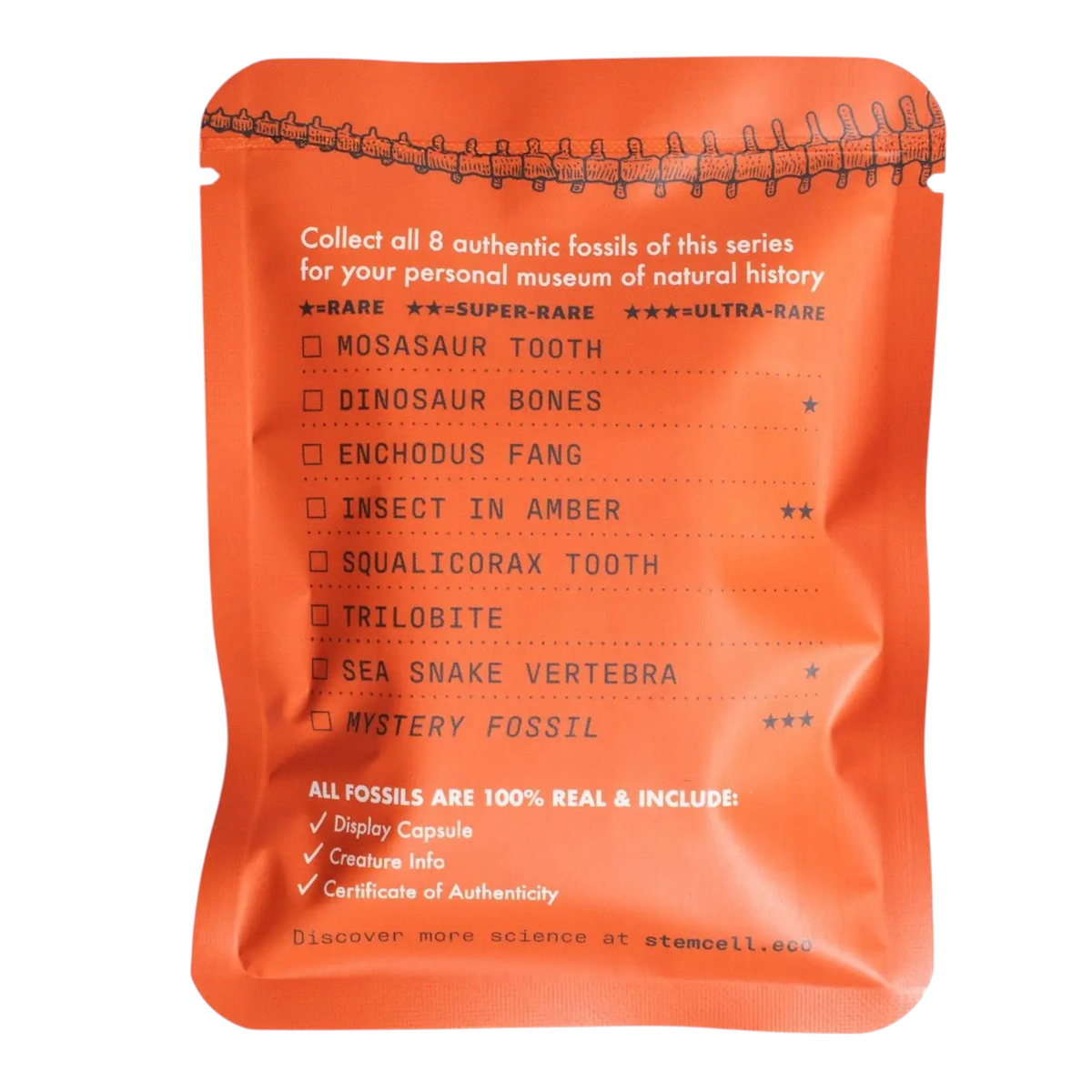 Forager Provisions LTD Stemcell Science fossil blind bag packaging with a list of collectible prehistoric specimens.