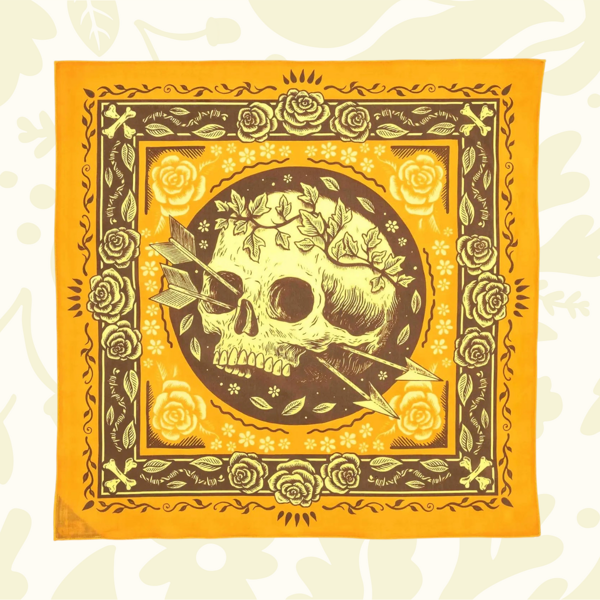 Forager Provisions LTD Bandits Bandanas Free Spirit organic cotton bandana in yellow and brown with skull and rose art
