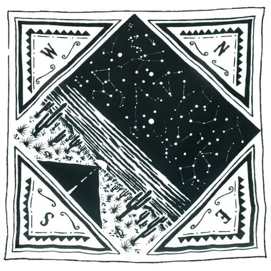 Forager Provisions LTD Freedom Is bandana featuring hand-drawn desert landscape and starry night sky in black and white