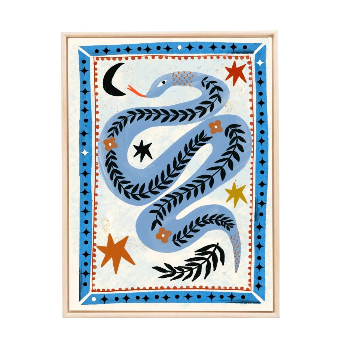 Carole Hillman French Folk Art Snake Serpent unframed A4 print with leaf, star, crescent moon motifs; unique home decor.