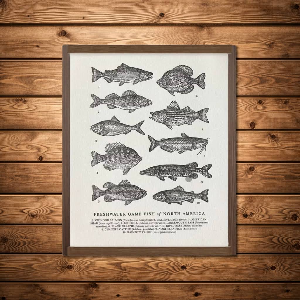 Forager Provisions LTD freshwater fish guide print featuring hand-drawn game fish on high-quality cotton paper
