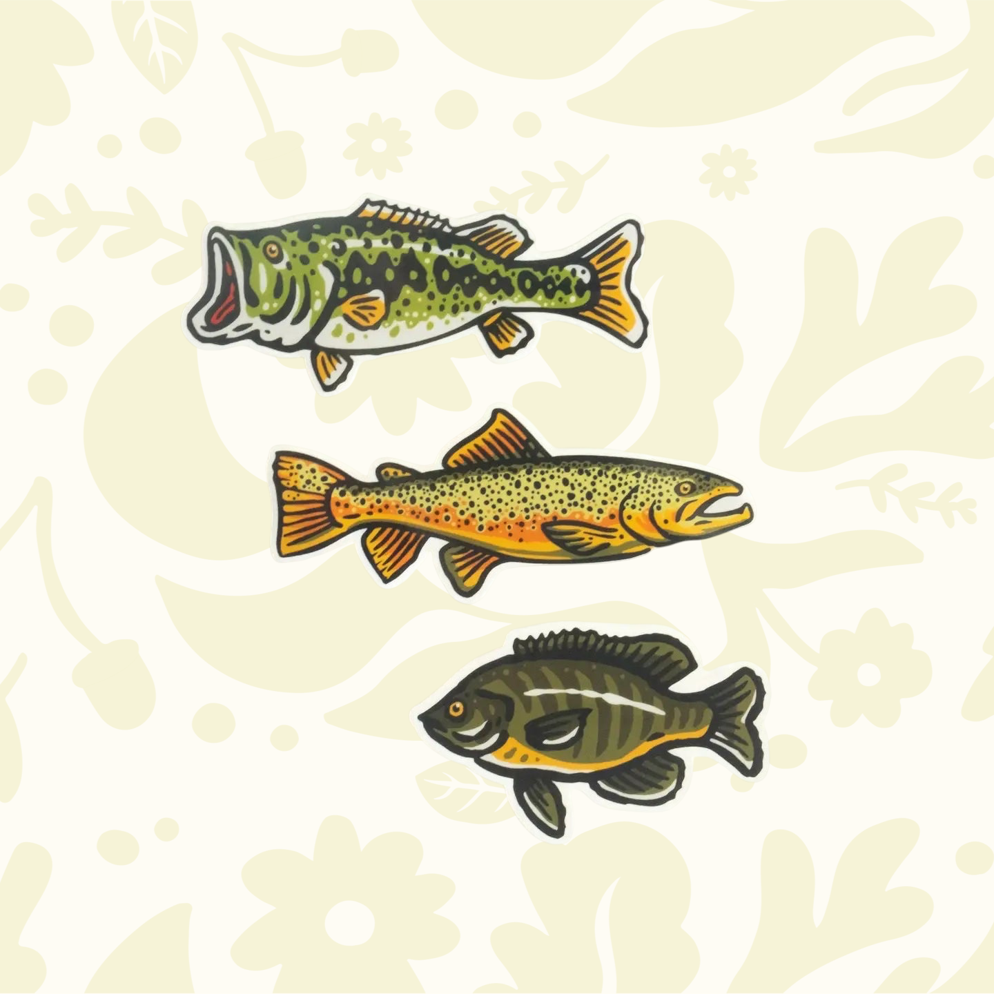 Forager Provisions LTD freshwater fish vinyl sticker set featuring a largemouth bass, brown trout, and bluegill.