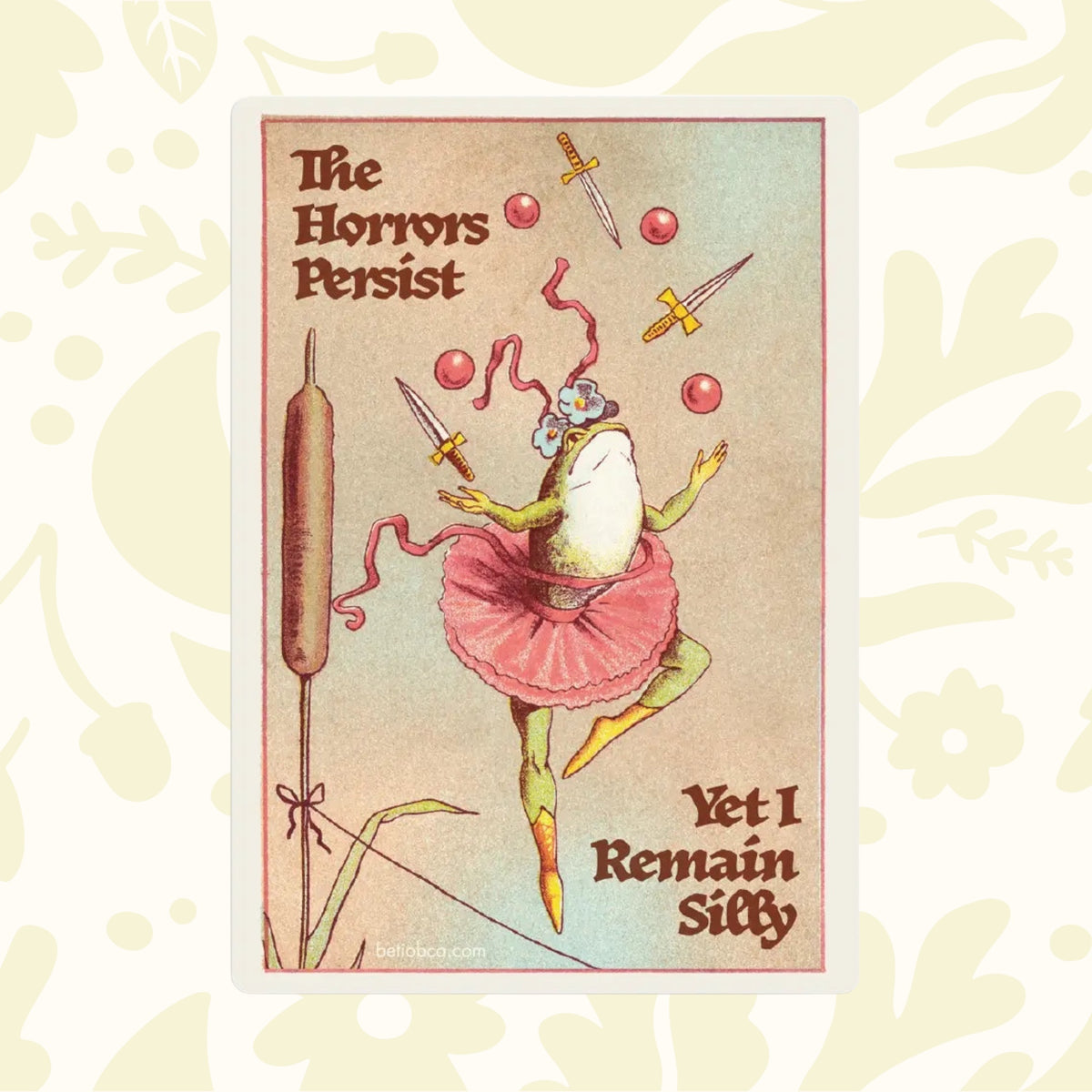Forager Provisions LTD Betiobca sticker featuring a frog in a pink tutu juggling daggers and balls with vintage art.