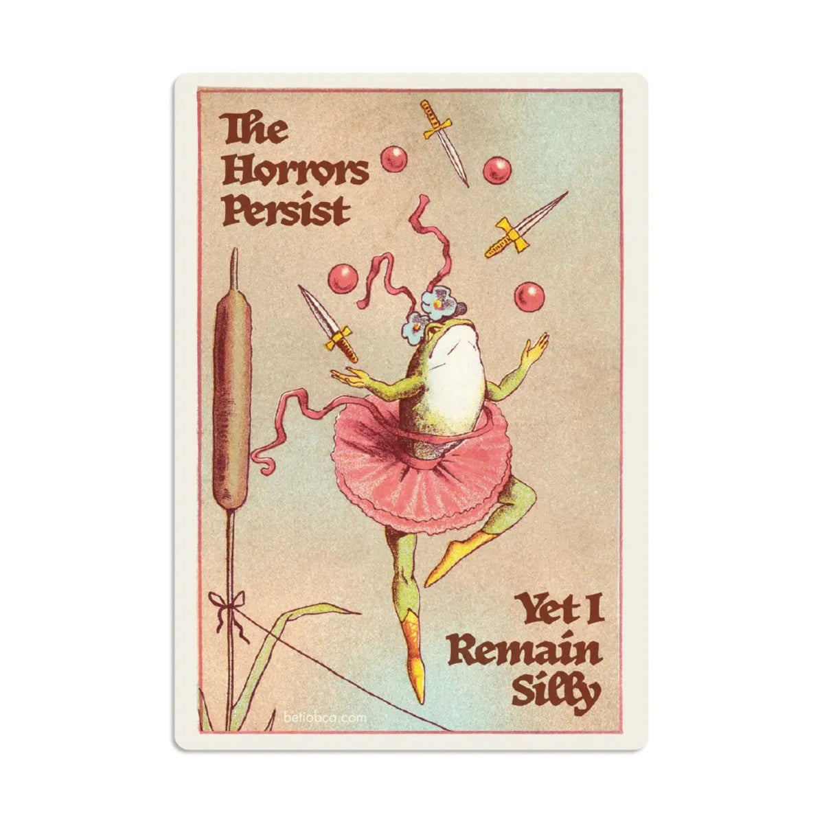 Forager Provisions LTD Betiobca sticker featuring a frog in a pink tutu juggling daggers and balls with vintage art.