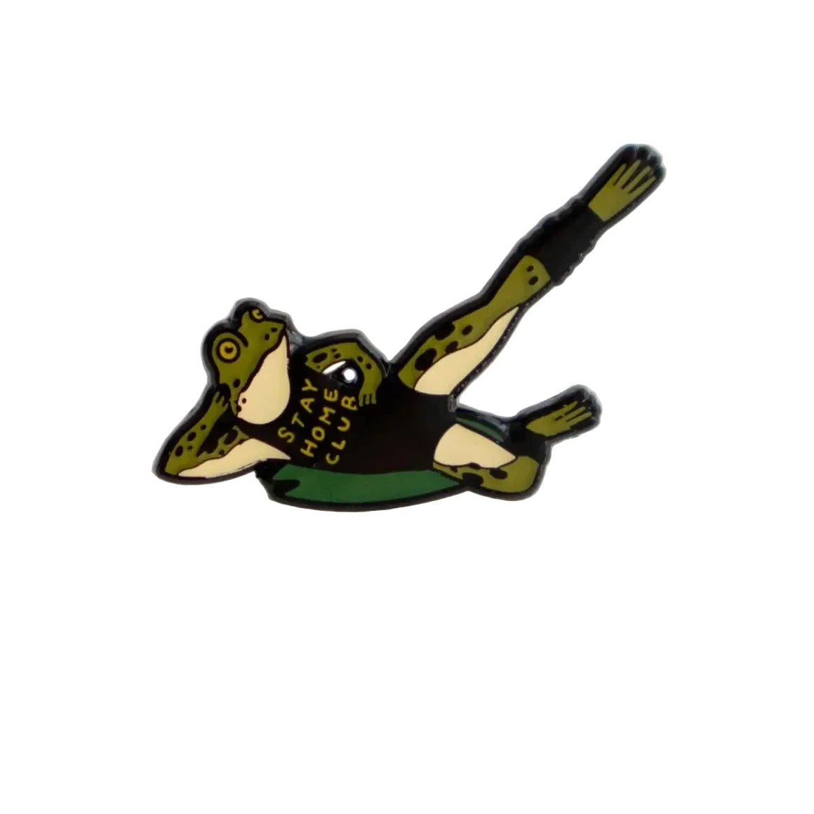 Forager Provisions LTD Stay Home Club enamel pin featuring a green frog doing a leg lift exercise in a black leotard.