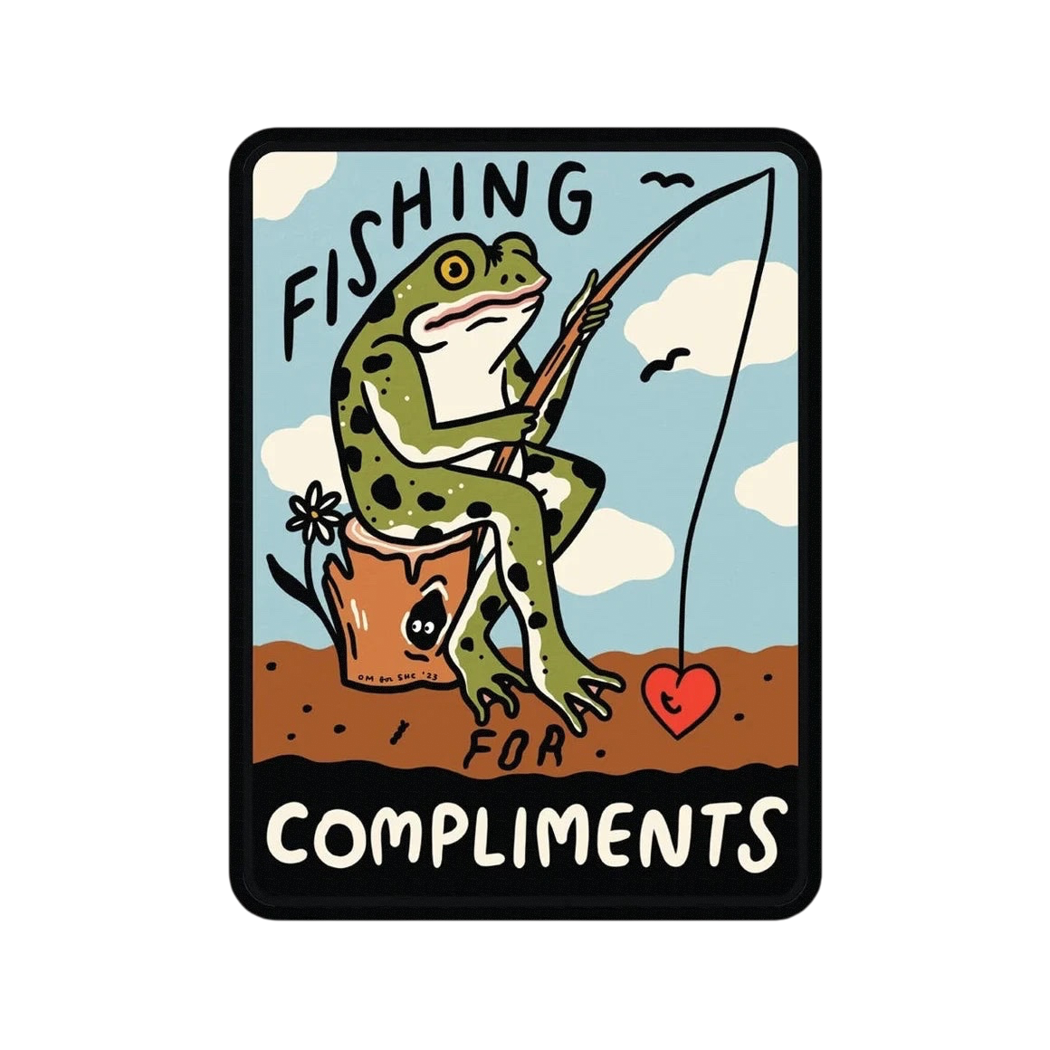 Forager Provisions LTD Stay Home Club vinyl sticker featuring a green frog fishing with a heart on a light blue background.