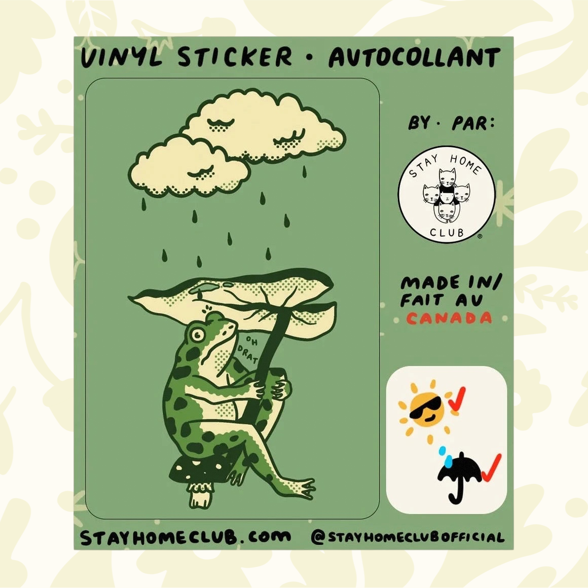 Forager Provisions LTD Stay Home Club vinyl sticker featuring a frog holding a leaf umbrella under a rainy cloud.
