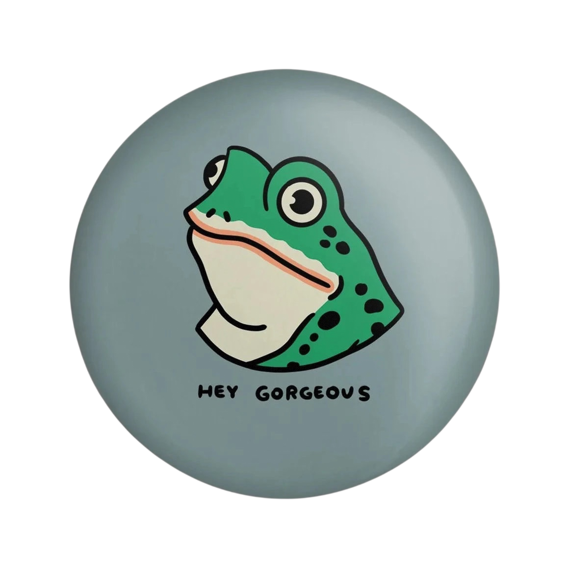 Forager Provisions LTD round magnet featuring a green frog illustration with the text Hey Gorgeous on a grey background