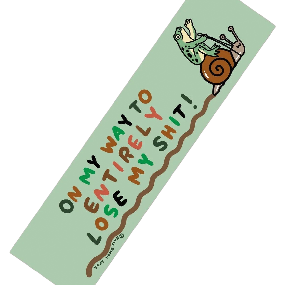 Forager Provisions LTD Stay Home Club bumper sticker featuring a frog riding a snail on a light green matte vinyl.