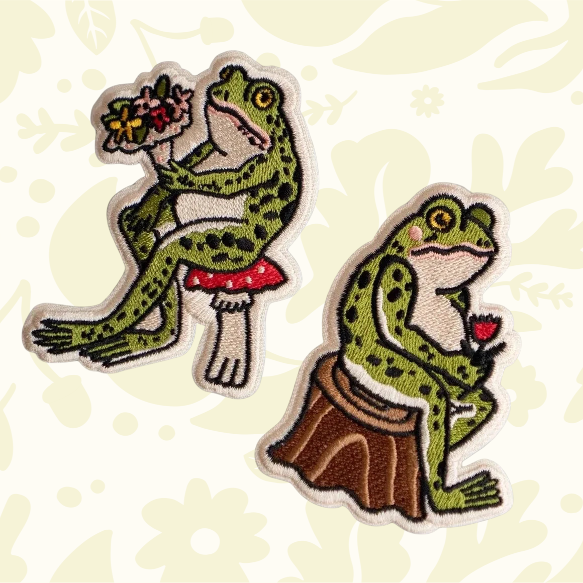 Forager Provisions LTD Stay Home Club embroidered frog patches featuring a frog on a mushroom and a frog on a stump.
