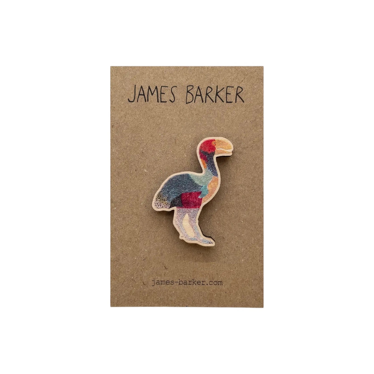 Forager Provisions LTD James Barker Gastornis wooden pin featuring a colourful illustrated extinct bird on backing card