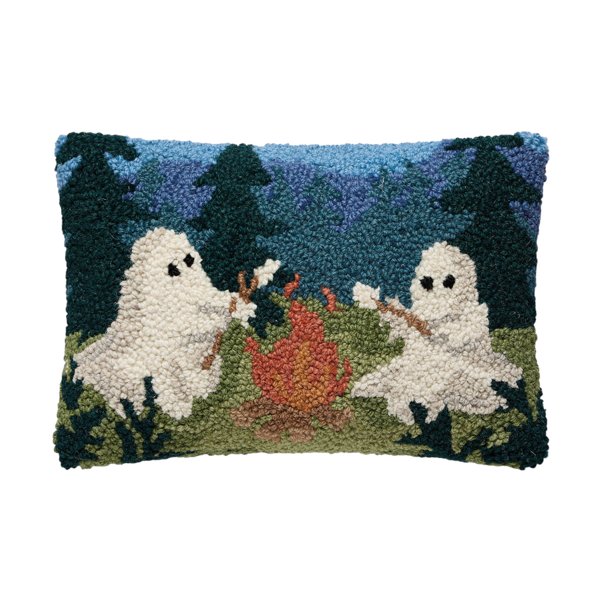 Forager Provisions LTD Peking Handicraft wool-hooked rectangular cushion featuring two ghosts roasting at a campfire.