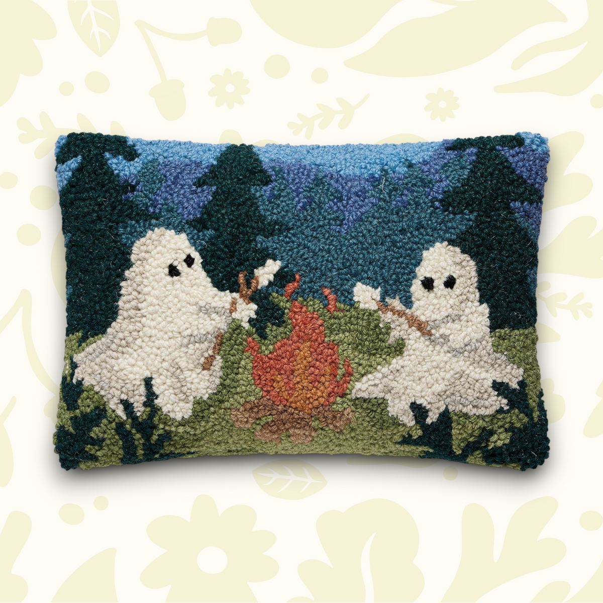 Forager Provisions LTD Peking Handicraft wool-hooked rectangular cushion featuring two ghosts roasting at a campfire.
