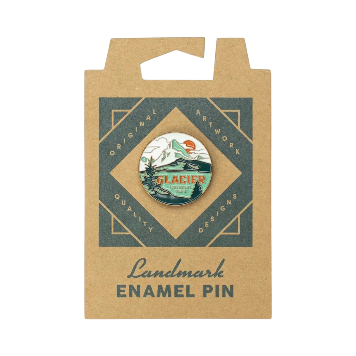 Forager Provisions LTD Glacier National Park enamel pin featuring mountain landscape art on sustainable card backing.