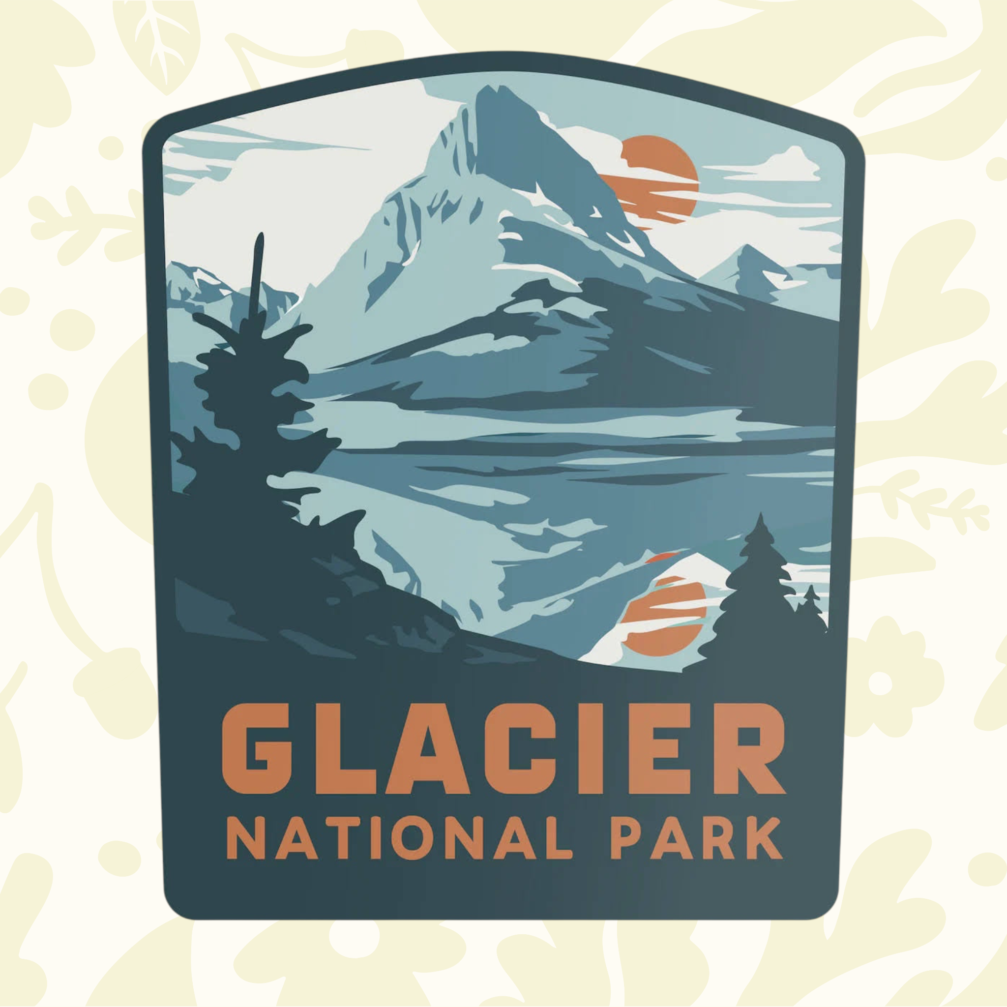 Forager Provisions LTD Glacier National Park vinyl sticker featuring a mountain landscape with a sunset and pine trees.