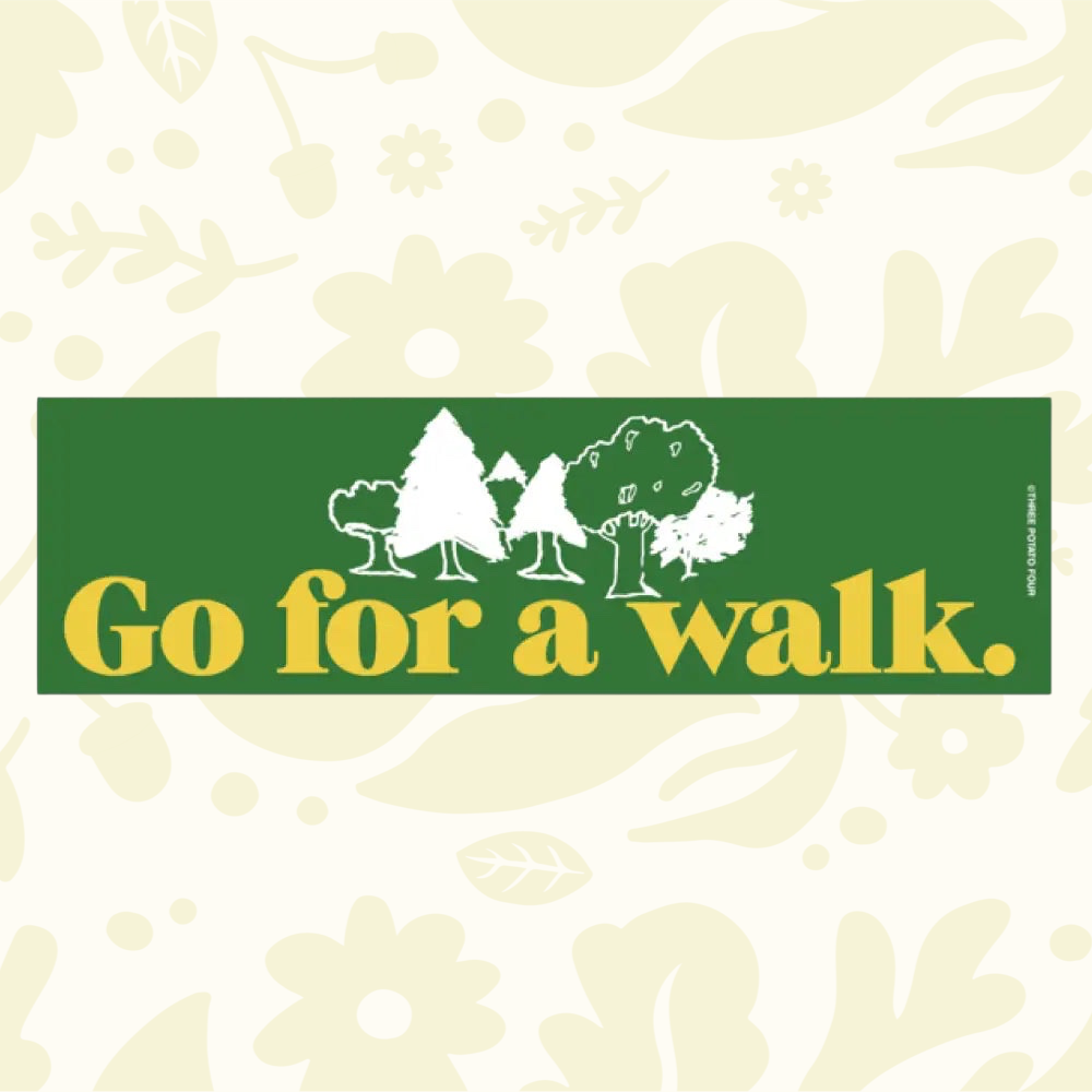 Forager Provisions LTD Three Potato Four Go For A Walk rectangular green car magnet with white forest graphic
