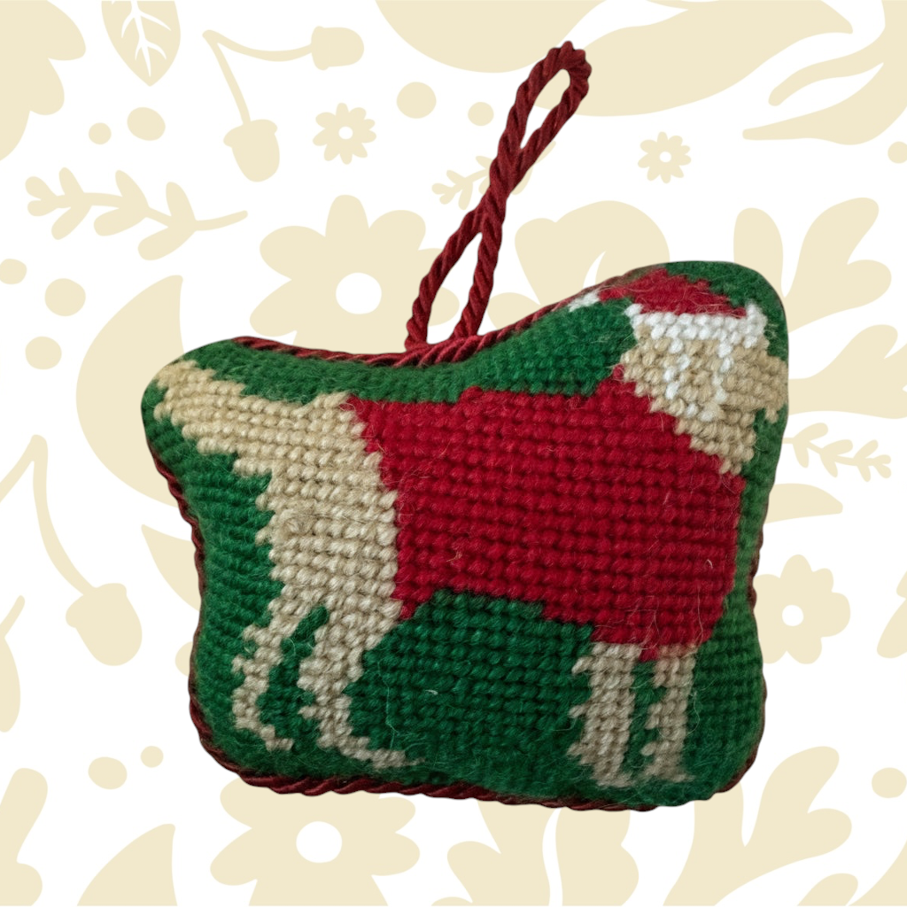 Forager Provisions LTD hand-stitched needlepoint Golden Labrador Christmas ornament wearing a Santa hat on a tree