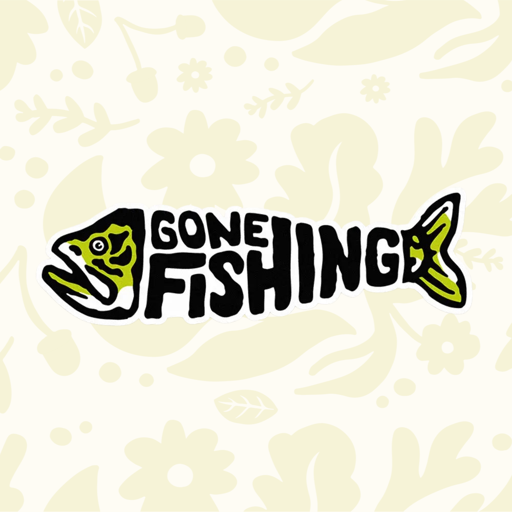 Forager Provisions LTD Union Made Gone Fishing vinyl sticker featuring a stylized green and black fish design.